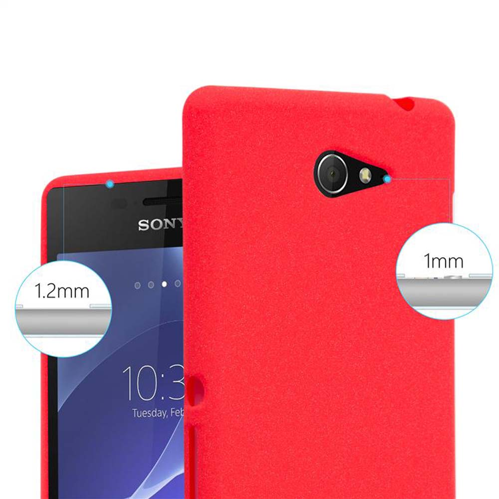 Primo piano di una custodia per telefono rossa. Mostra un telefono con una fotocamera, dimensioni evidenziate.
