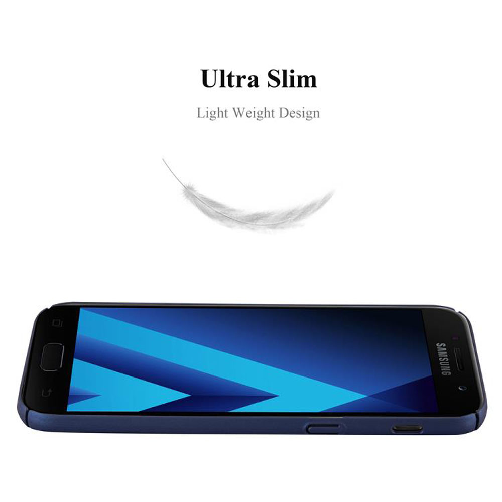 Custodia per telefono blu sottile. Il telefono è blu. Grafica a piuma bianca. Design leggero.