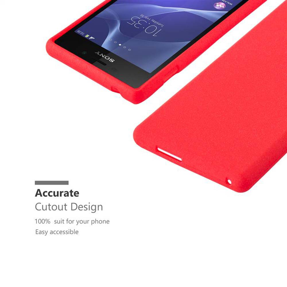 Custodia rossa per telefono con un telefono all'interno. Testo: Design di ritaglio accurato. La custodia è aperta, con telefono rosso.