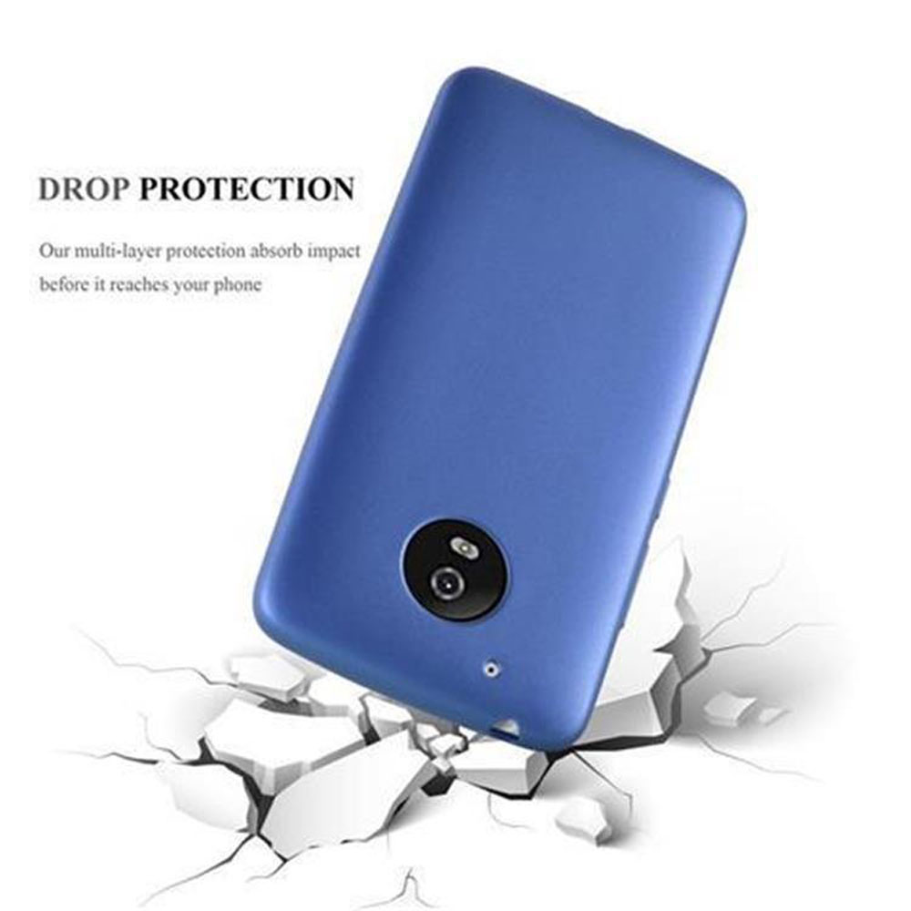 Custodia blu per telefono su superficie bianca. Testo bianco: 'DROP PROTECTION' sopra la custodia. Terreno incrinato.