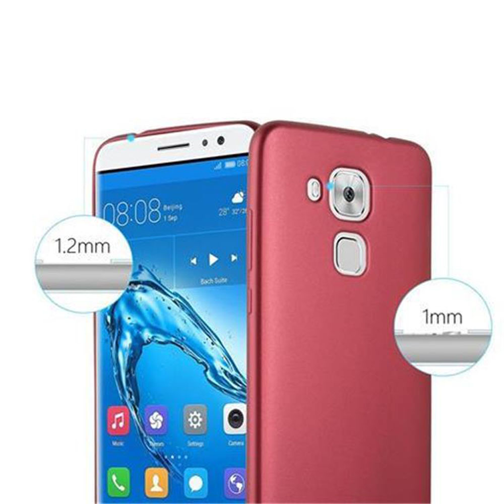 Un teléfono en una funda roja, con texto que muestra dimensiones. El teléfono está a la izquierda, con una etiqueta circular.