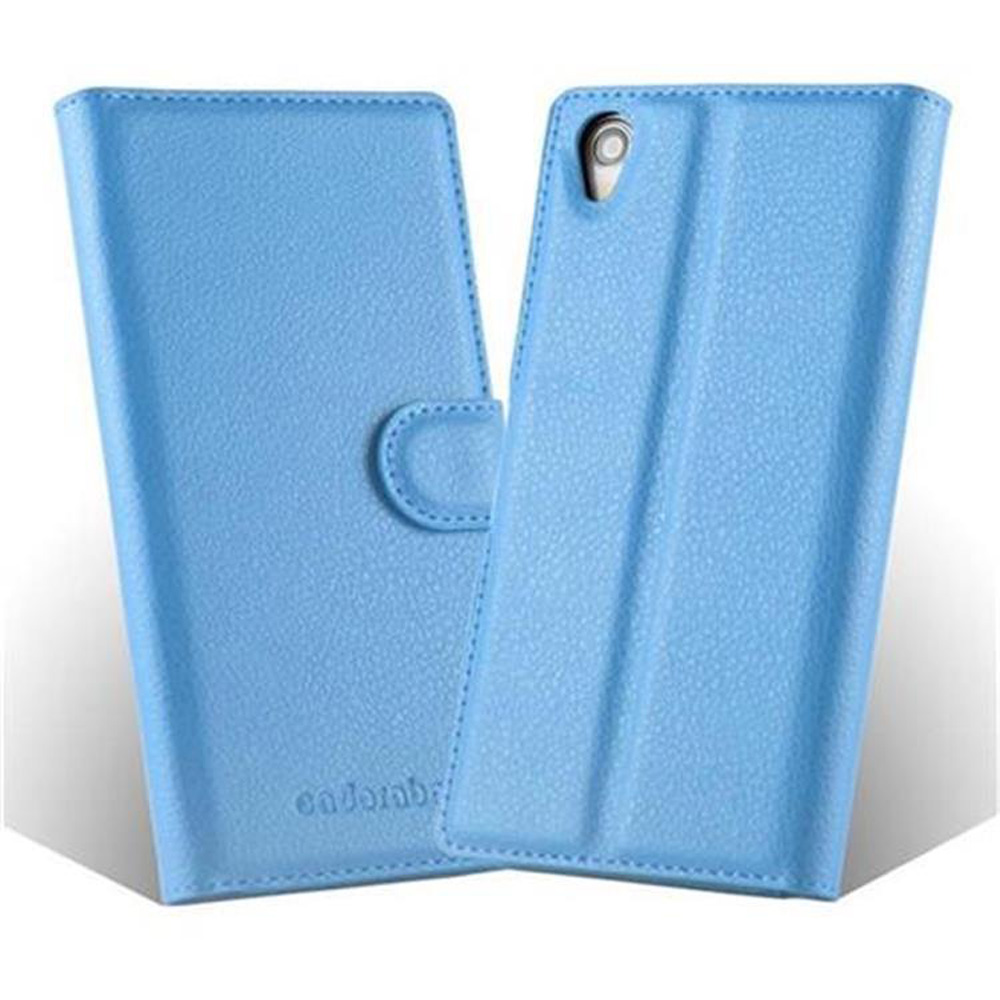 Blaue Handyhülle offen. Die Hülle ist leer. Die Rückseite der Handyhülle ist sichtbar.