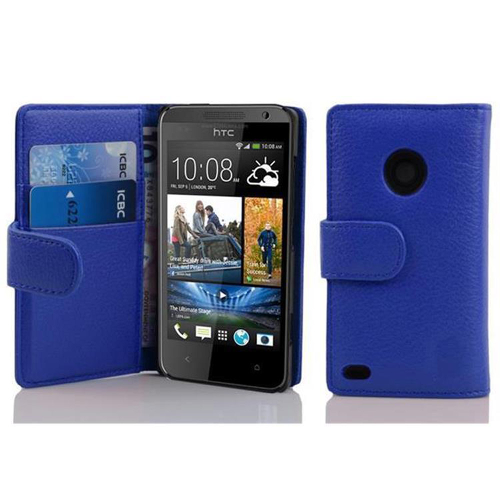 Funda tipo cartera azul con teléfono y tarjetas de crédito visibles.