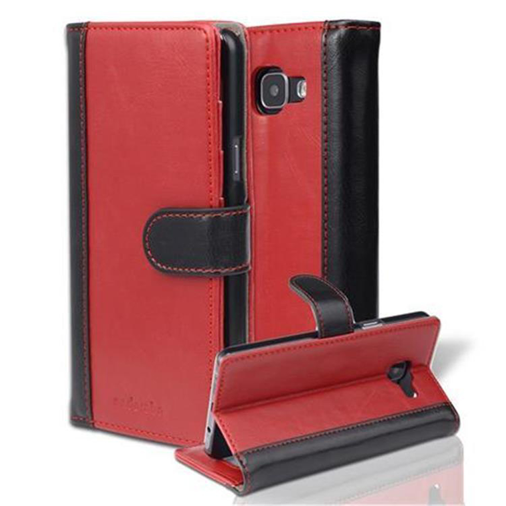 Funda de teléfono roja y negra. Teléfono con la funda abierta, mostrando el teléfono y una funda para él.