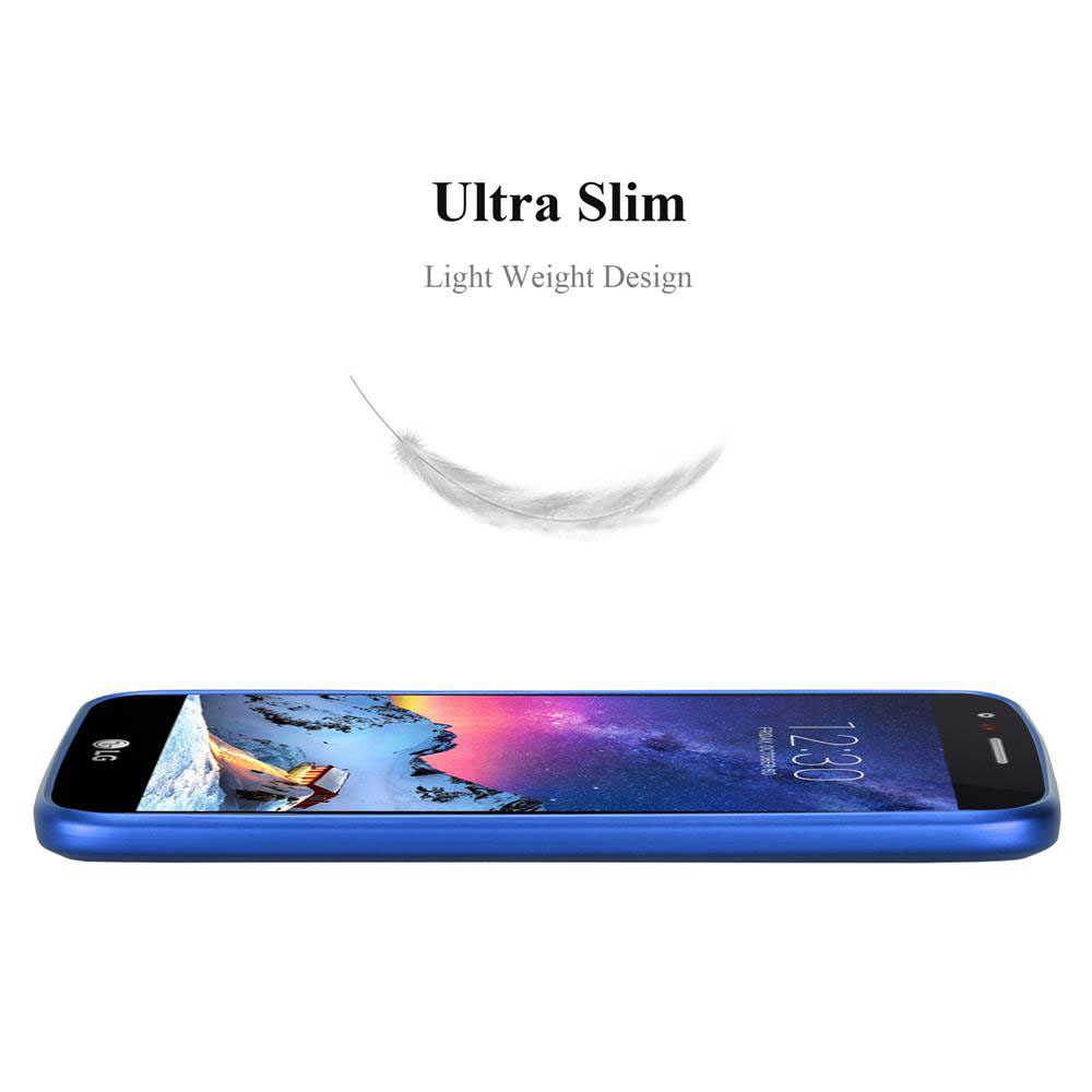 Telefono blu in custodia, piatto. Grafica di piuma sopra. Testo: Ultra Slim, Light Weight Design. Ora: 12:30, Venerdì.