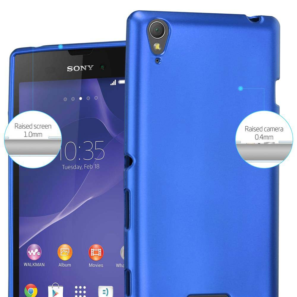 Blaue Handyhülle mit Telefon. Text: Erhöhter Bildschirm und Kamera. Sony-Telefon mit App-Symbolen.