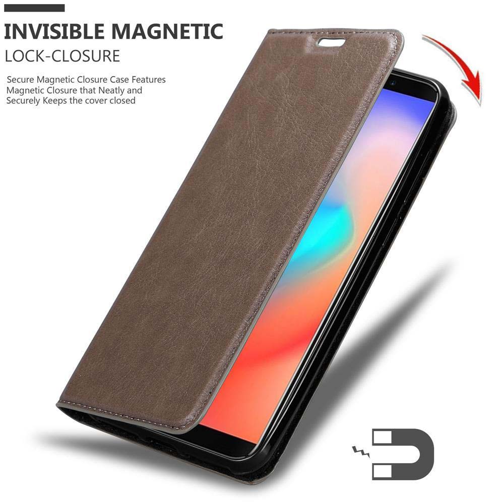 Custodia marrone aperta, mostra schermo, testo su chiusura magnetica invisibile.