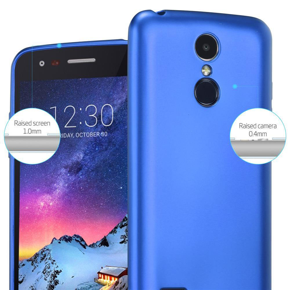 Custodia blu del telefono, schermo e fotocamera del telefono sono rialzati.