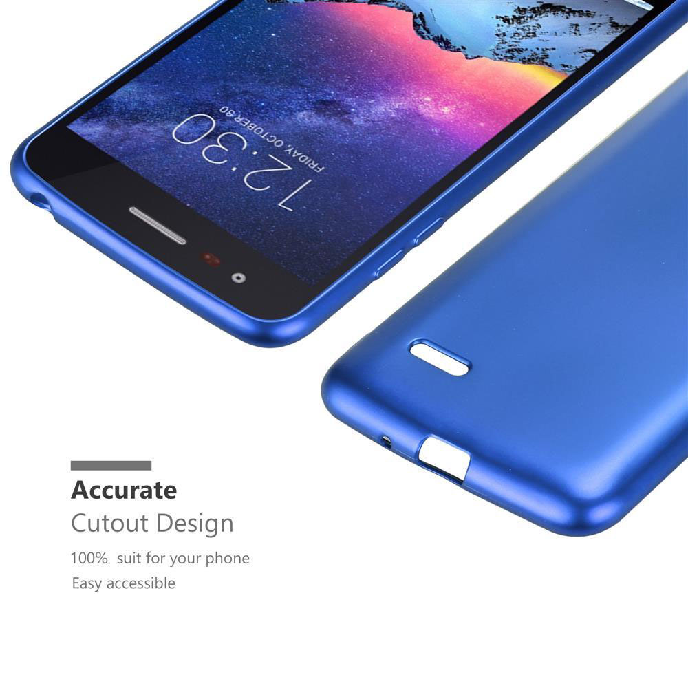 Una custodia blu per telefono con un telefono blu all'interno. La custodia è su una superficie bianca.