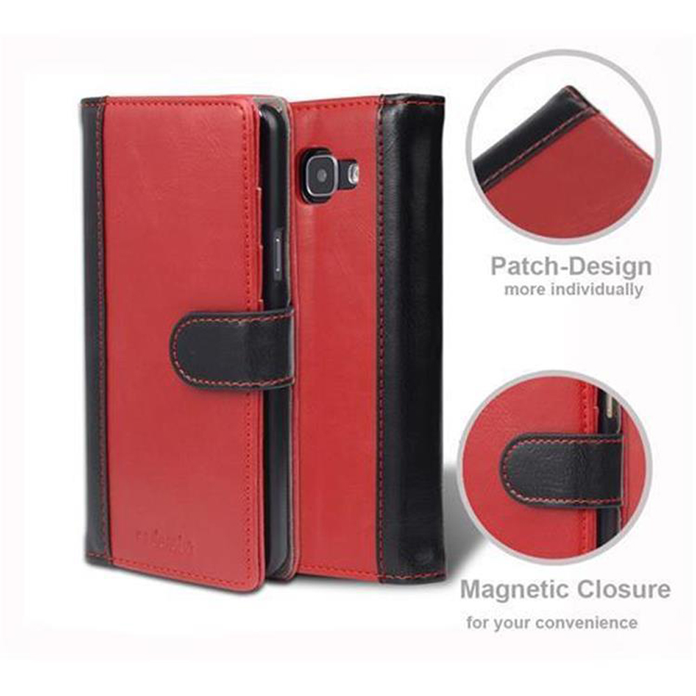 Funda de teléfono roja y negra, abierta, con botón y cierre magnético. El interior es visible.