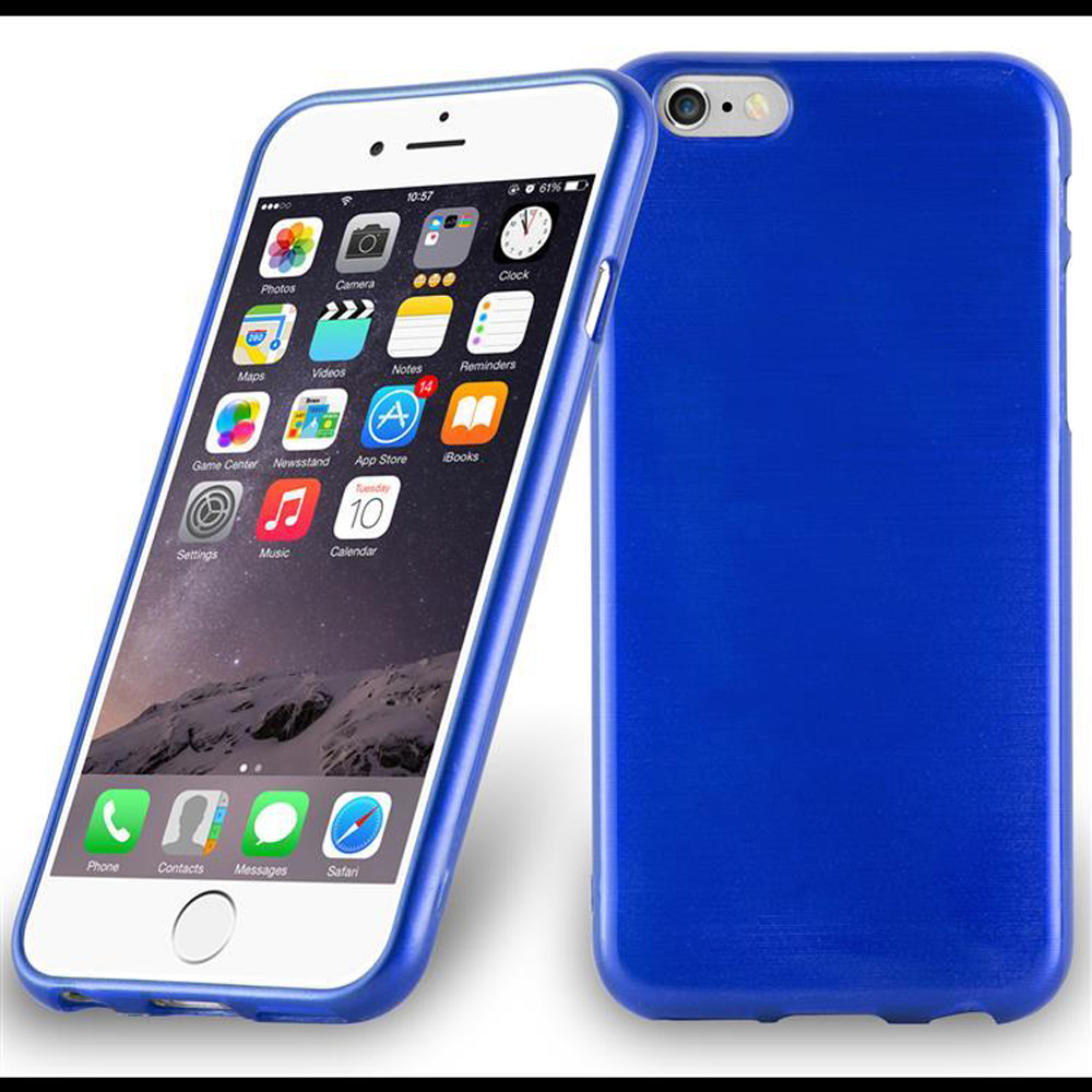 Un teléfono que muestra una pantalla de inicio con varias aplicaciones, dentro de una funda azul.