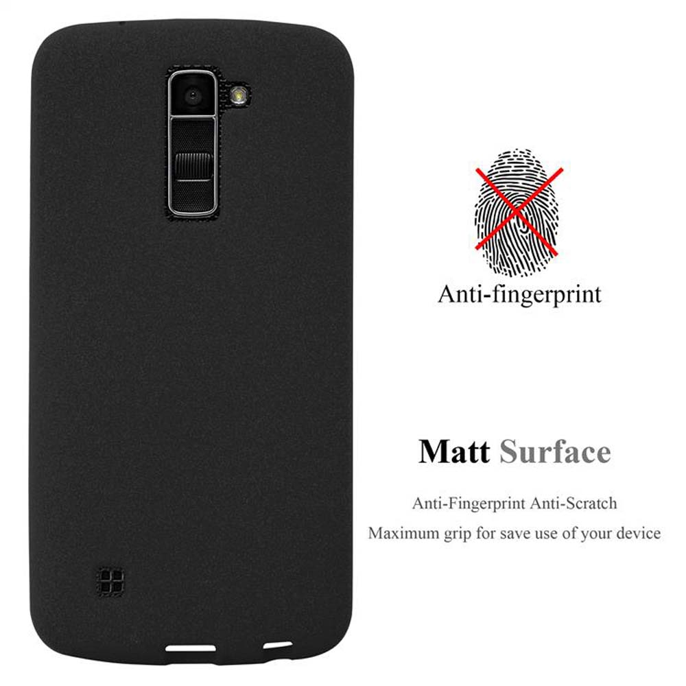 Custodia per telefono nera con superficie opaca. Testo anti-impronta presente. Sfondo bianco.