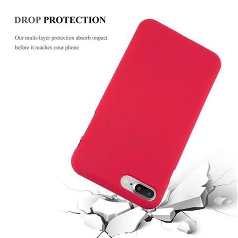 Una custodia rossa per telefono su superficie bianca, incrinata sotto. Testo: 'DROP PROTECTION'.