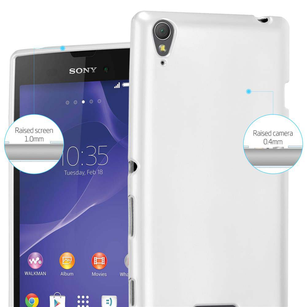 Weißes Handycase mit Telefon. Details zeigen erhöhten Bildschirm und Kamera.