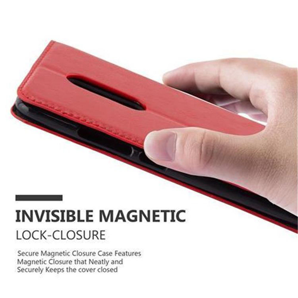 Custodia per telefono rossa, aperta, con testo: INVISIBLE MAGNETIC LOCK-CLOSURE.