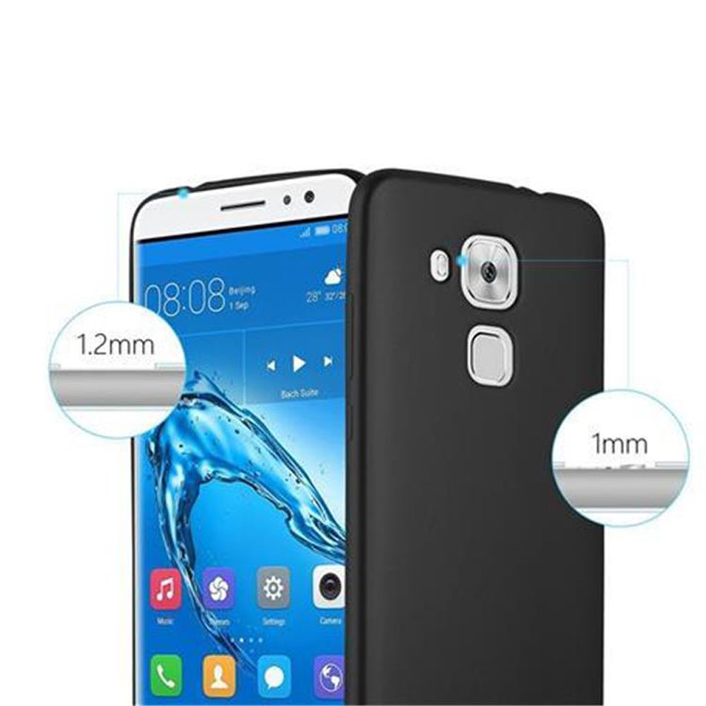 Primer plano de teléfono con cubierta trasera negra. Texto en pantalla: '08:08'. Es una pantalla azul y blanca.