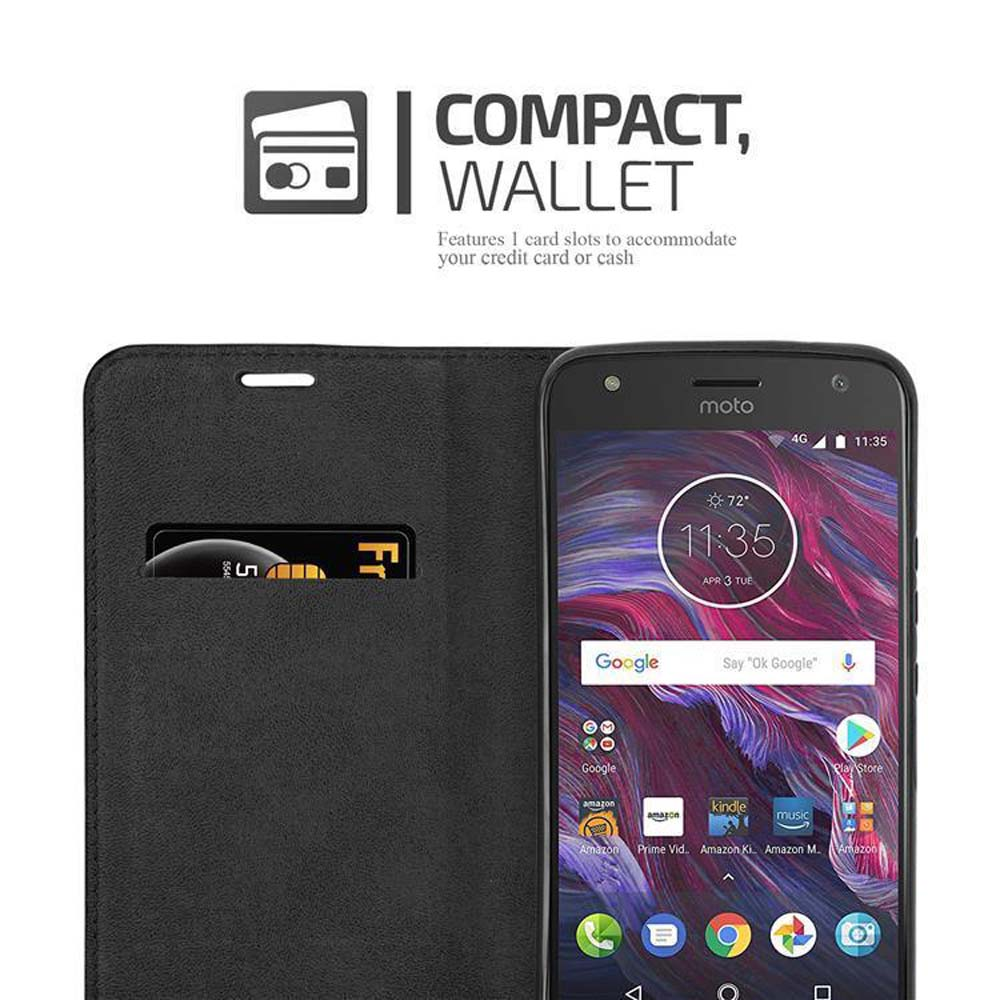 Handyhülle mit Telefon, Kreditkartenfach und der Aufschrift 'Compact Wallet'. Zeigt einen Telefonbildschirm. Weißer Hintergrund.