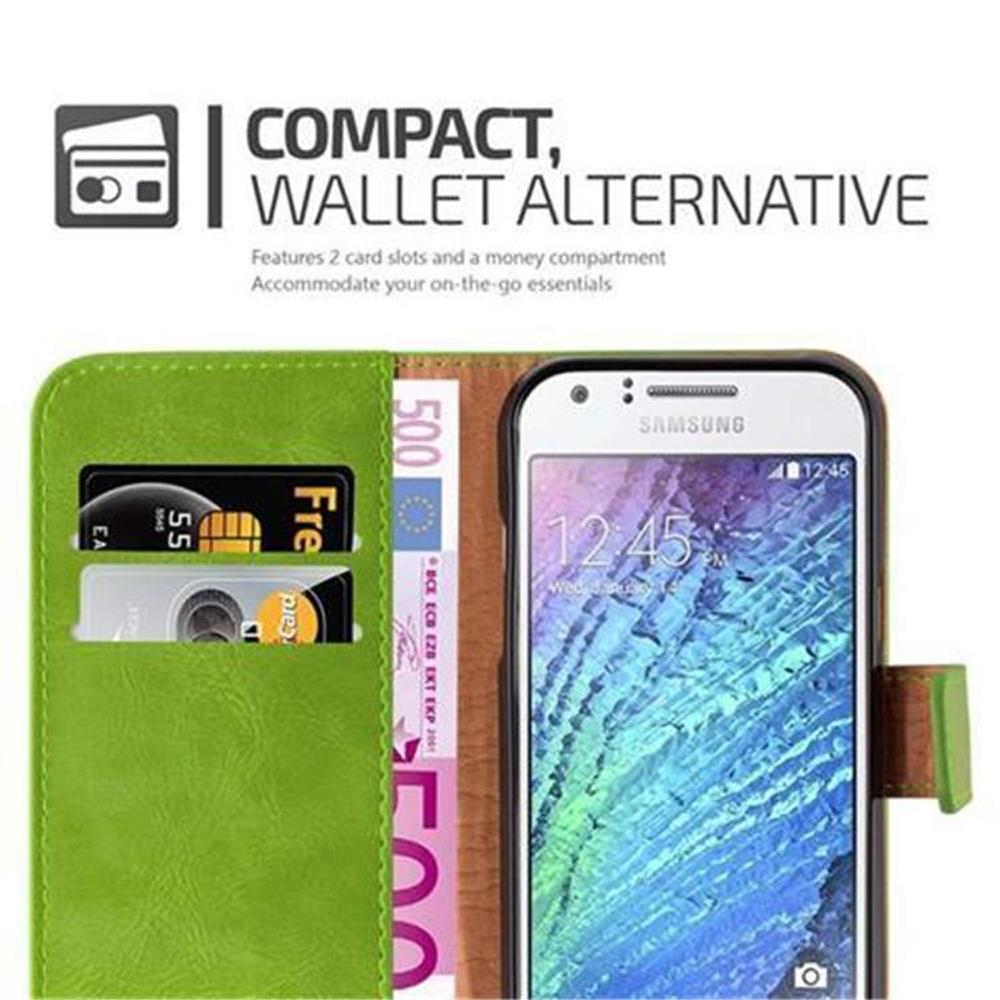 Grüne Handyhülle, die ein Telefon, Geld und Kartenfächer zeigt. Text: 'kompakte Geldbörsenalternative'.