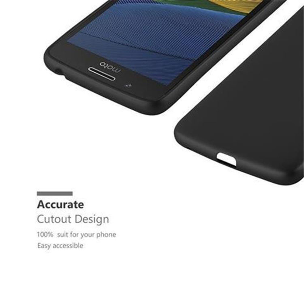 Primo piano di telefono e custodia neri. Il testo dice 'Accurato Design Ritagliato'.