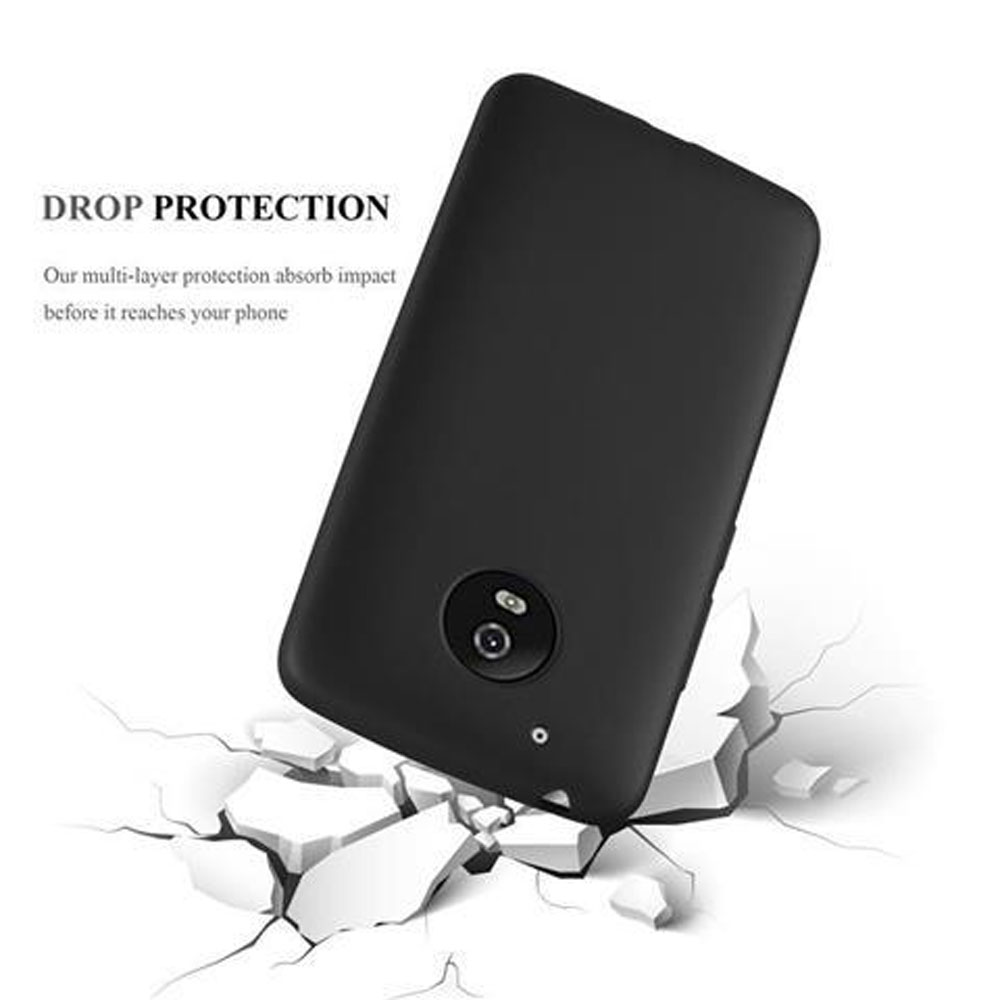Custodia del telefono nera che cade su una superficie incrinata. Testo: DROP PROTECTION.