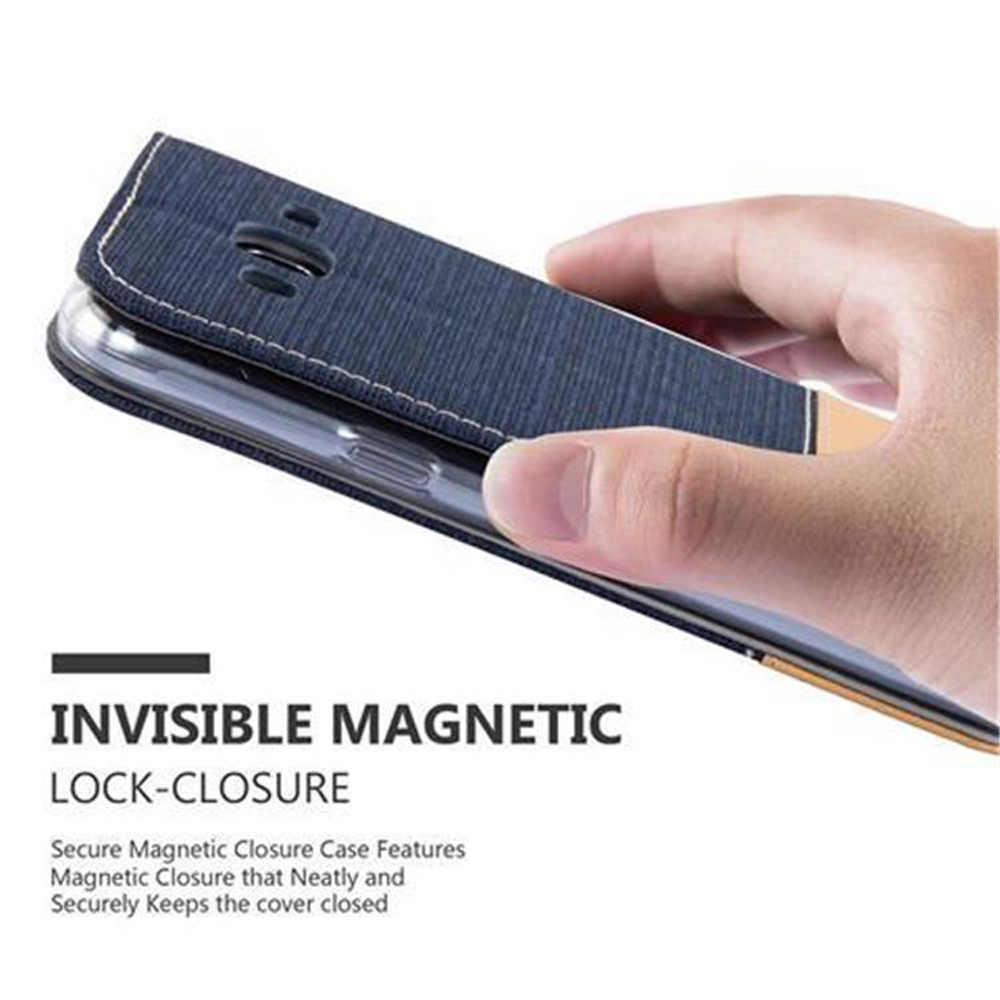 Geöffnete Handyhülle, eine Hand hält die Abdeckung. Text: Unsichtbarer Magnetverschluss.