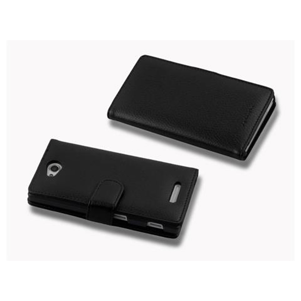Zwei schwarze Wallet-Cases, eines offen, eines geschlossen, mit weißem Hintergrund.