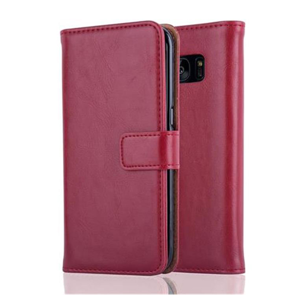 Una funda de teléfono de cuero rojo con un cierre, que muestra el teléfono en el interior.