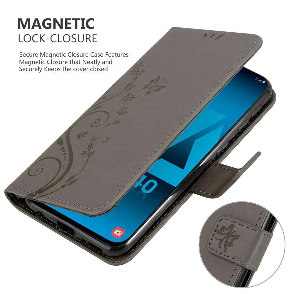 Graue Handyhülle mit floralem Design. Telefon zeigt einen Bildschirm. Magnetischer Verschluss.