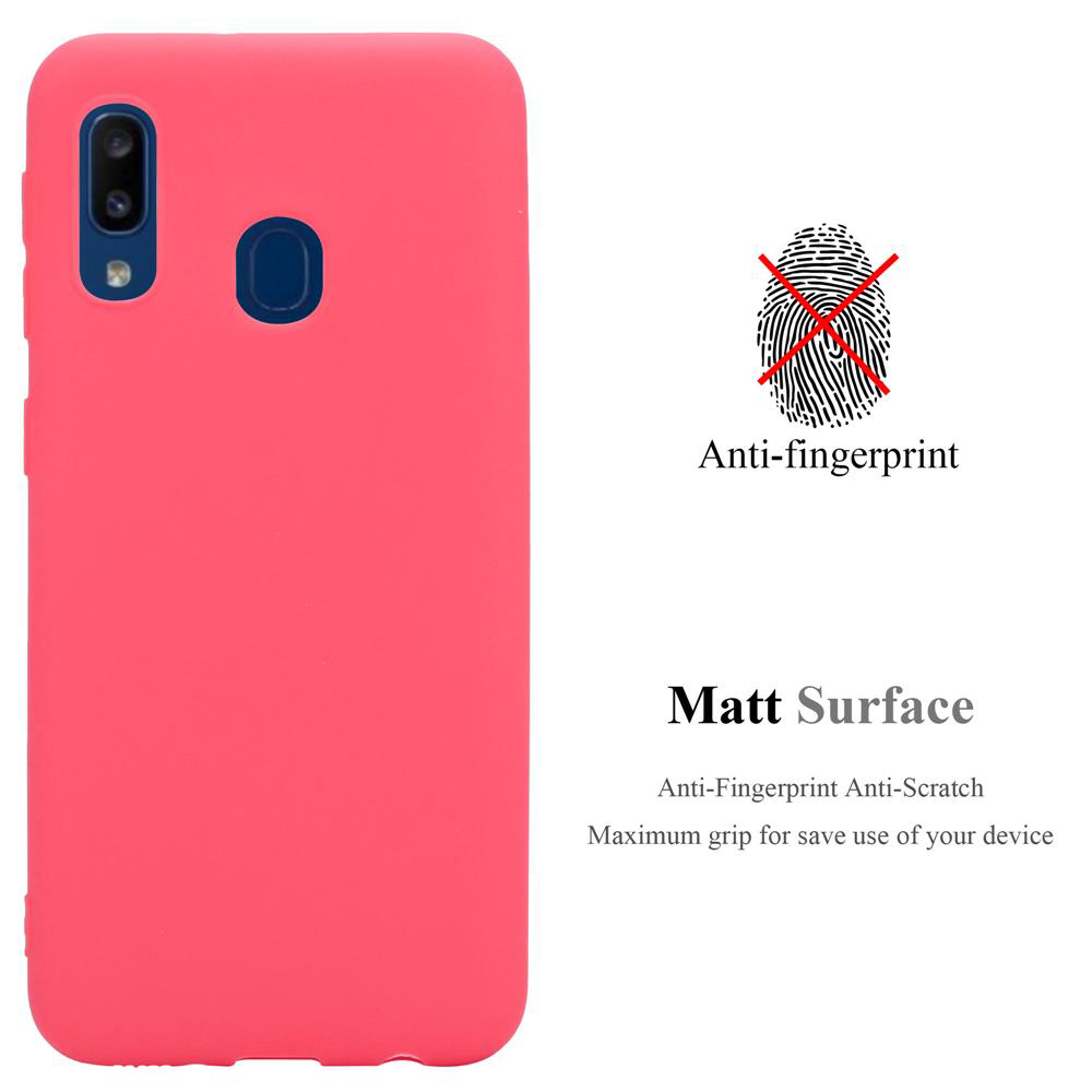 Custodia per telefono rosa. Testo e logo anti-impronte. Superficie opaca. Logo Apple sulla custodia.