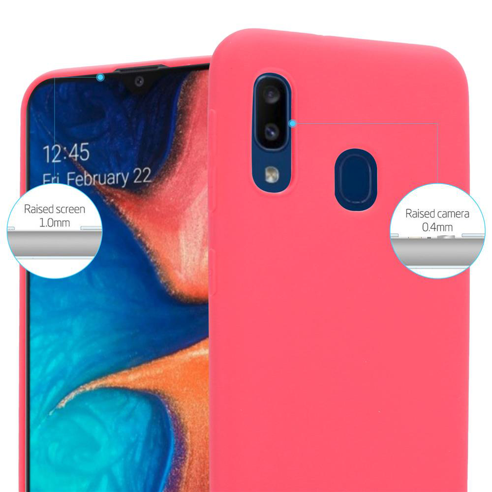 Custodia rosa con telefono. Dettagli ravvicinati di fotocamera e schermo. Testo mostra schermo e fotocamera rialzati.