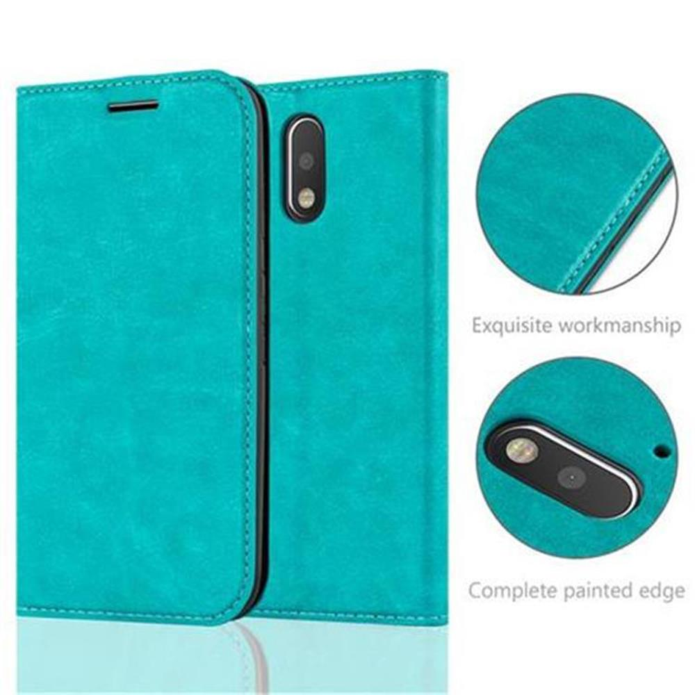 Una funda turquesa con un lado abierto que muestra la cámara del teléfono. Tiene una mano de obra exquisita y un borde pintado.