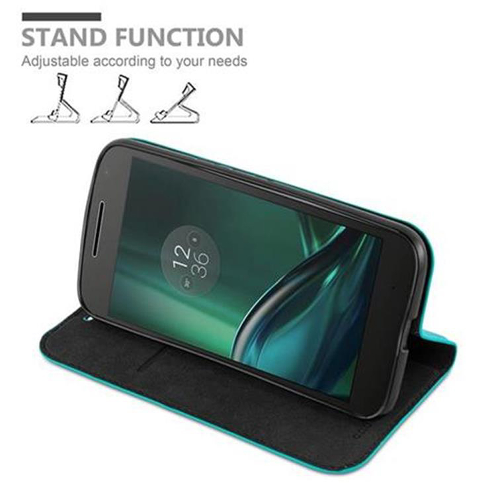 Teléfono en funda azul, abierto, apoyado. Texto: Función de soporte.