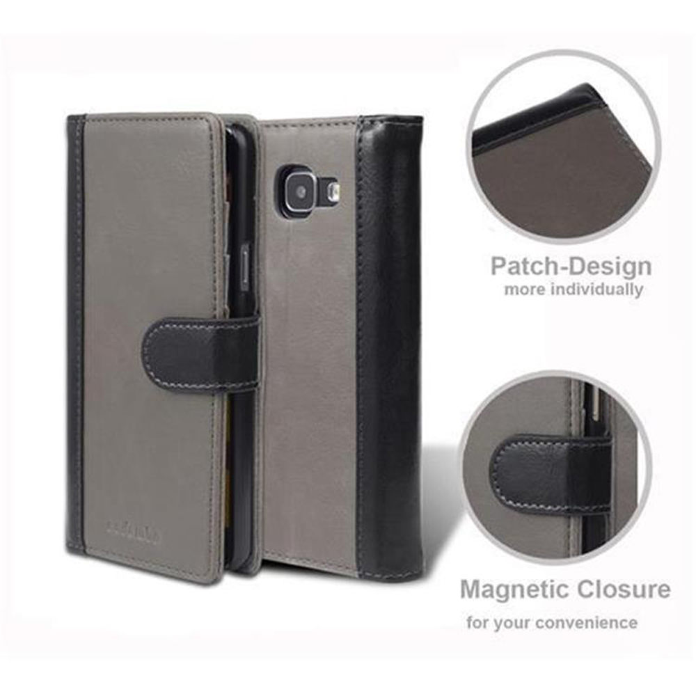 Funda de teléfono en dos colores: gris y negro. El texto dice Diseño de parche y Cierre magnético.