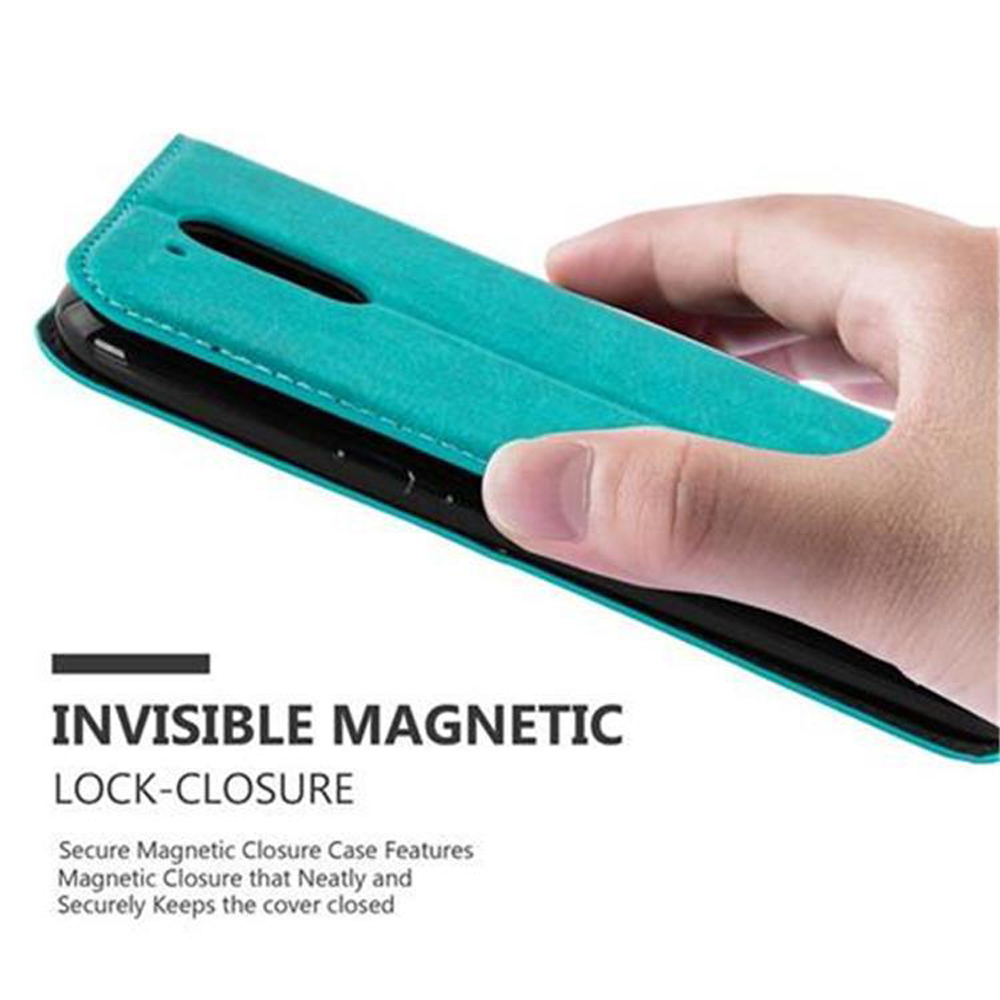 Una funda de teléfono turquesa con cierre magnético invisible y una mano que la sostiene.