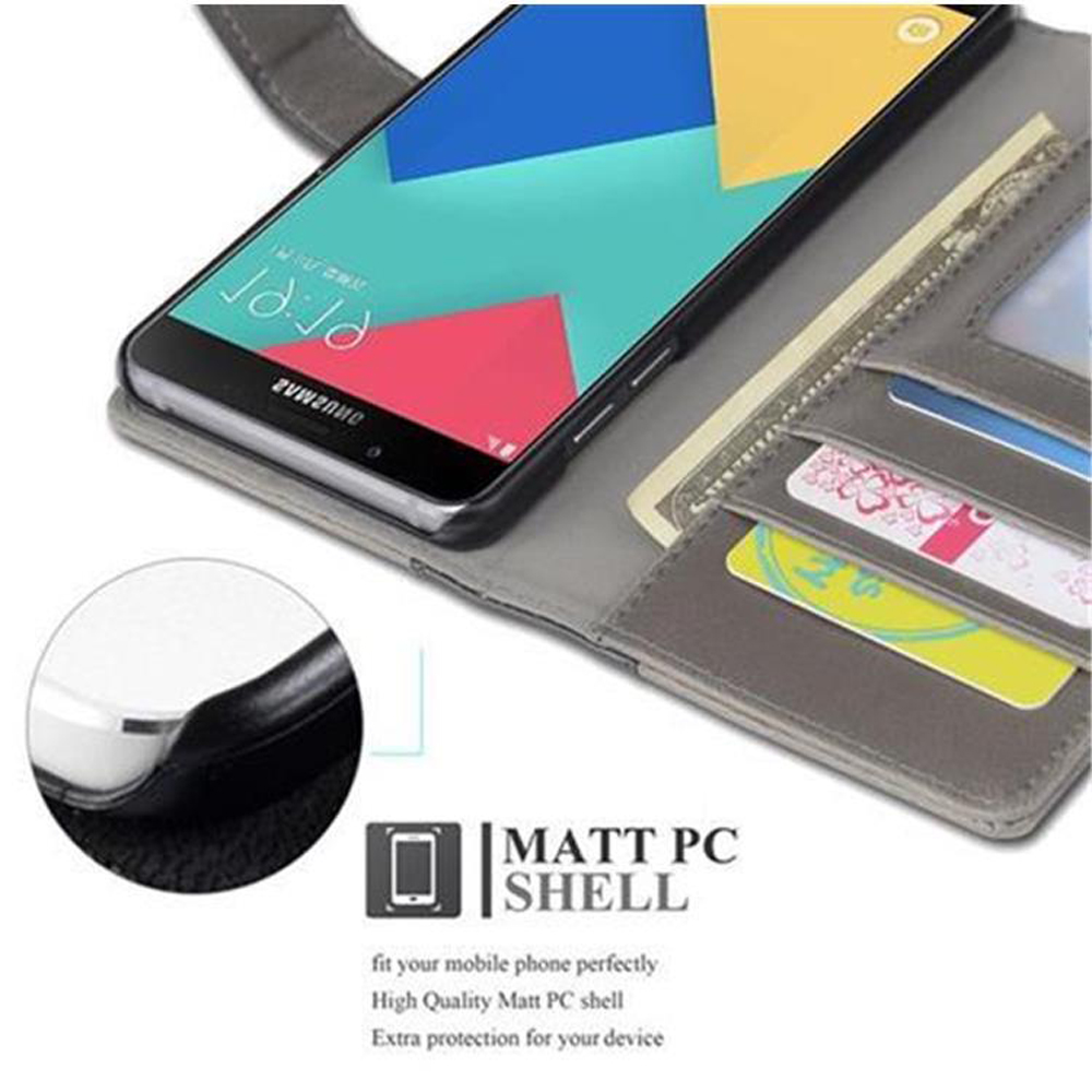 Funda de teléfono con teléfono dentro, con una tarjeta y un logotipo visibles.