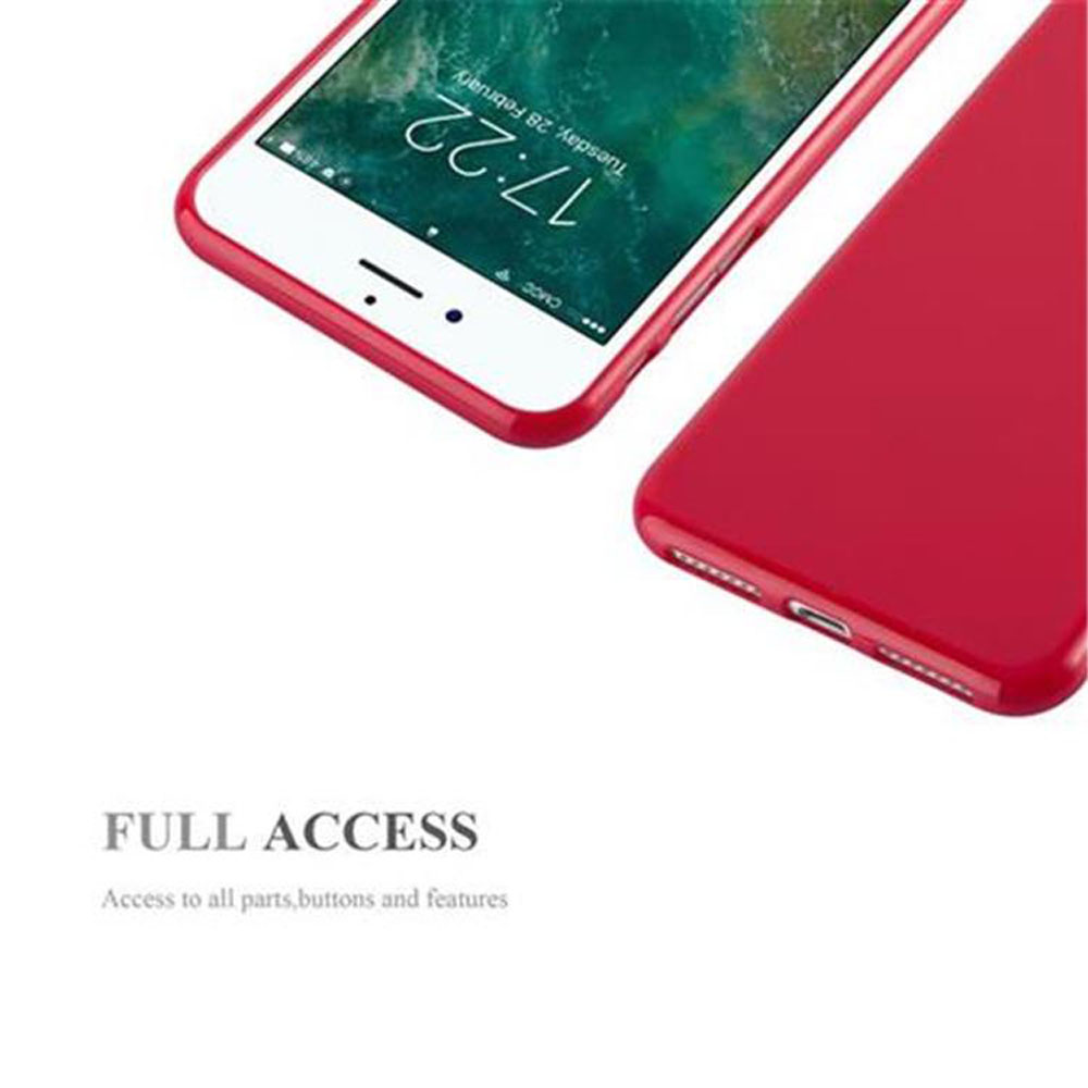 Custodia del telefono aperta, rossa. Telefono dentro. Testo: Accesso completo a tutte le parti, pulsanti e funzioni.