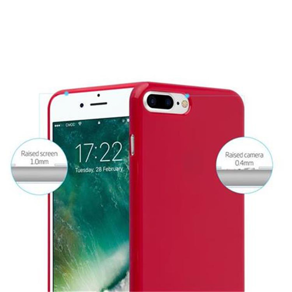 Primo piano di un telefono e custodia rossi. Lo schermo e la fotocamera sono evidenziati con misure.