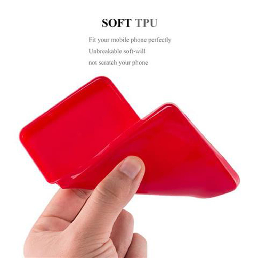Una mano che tiene una custodia per telefono rossa flessibile. Il testo dice 'Soft TPU' e menziona la protezione del telefono.