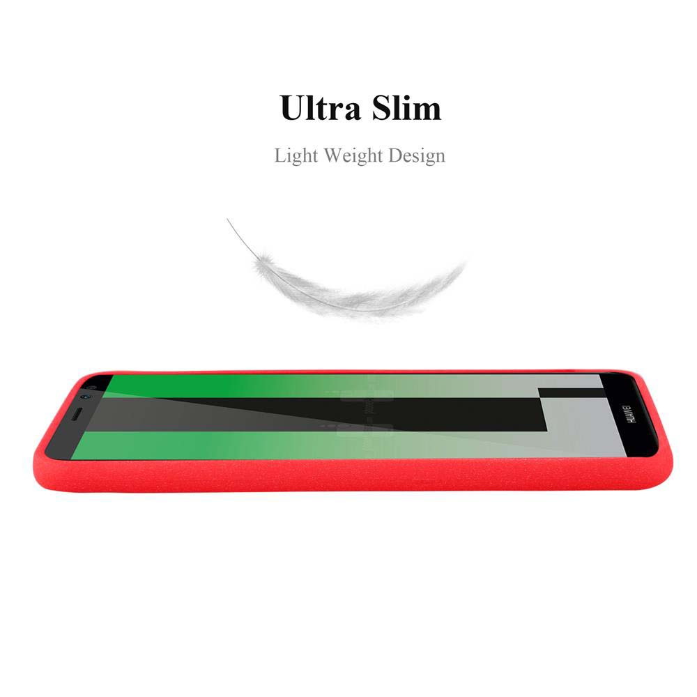 Una custodia per telefono rossa con un telefono all'interno. Il telefono è su una superficie bianca, design ultrasottile.
