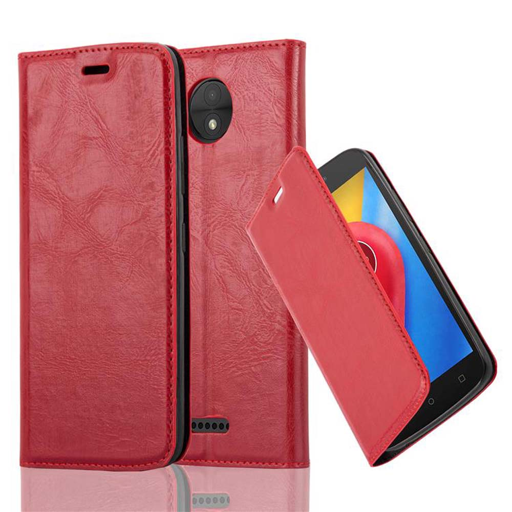 Una custodia rossa, aperta, mostra un telefono con schermo rosso e blu.
