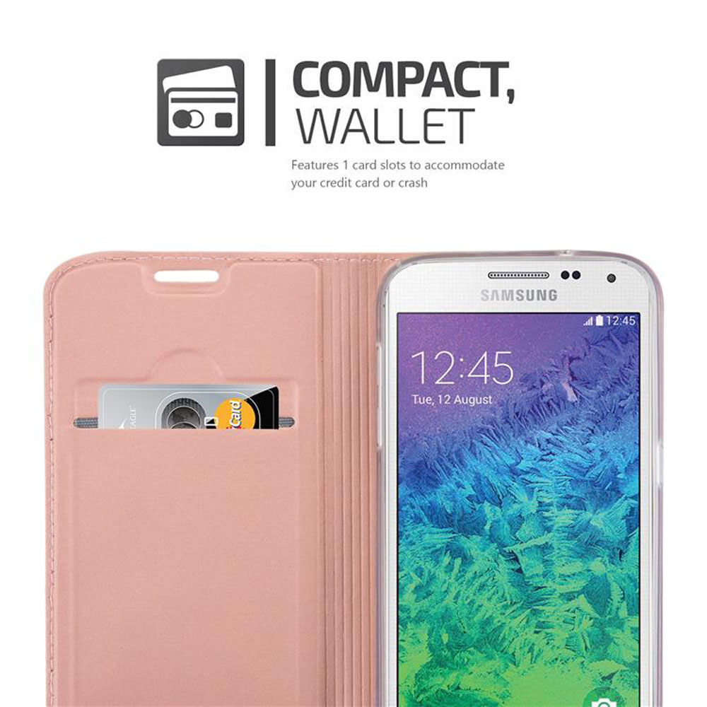 Custodia per telefono rosa stile portafoglio con fessura per carta di credito. Il telefono mostra le 12:45.