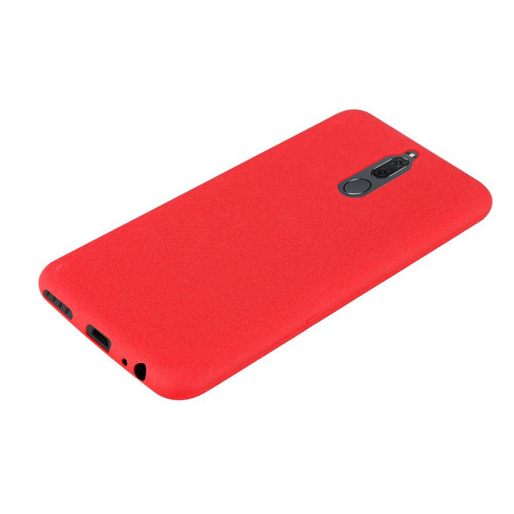 Custodia per telefono rossa con ritagli per fotocamera e altre porte.