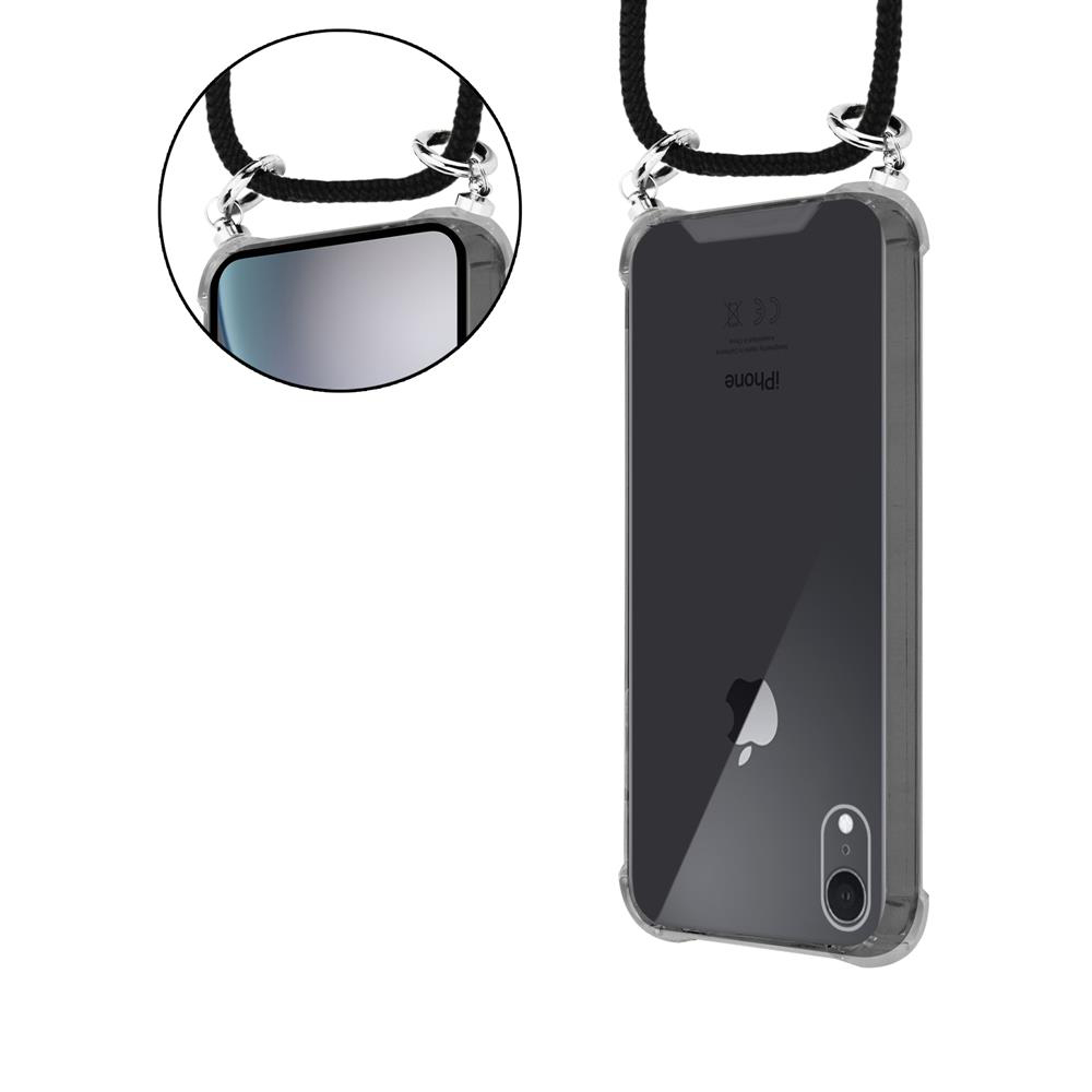 Ein Telefon in einer transparenten Hülle mit einem schwarzen Umhängeband.