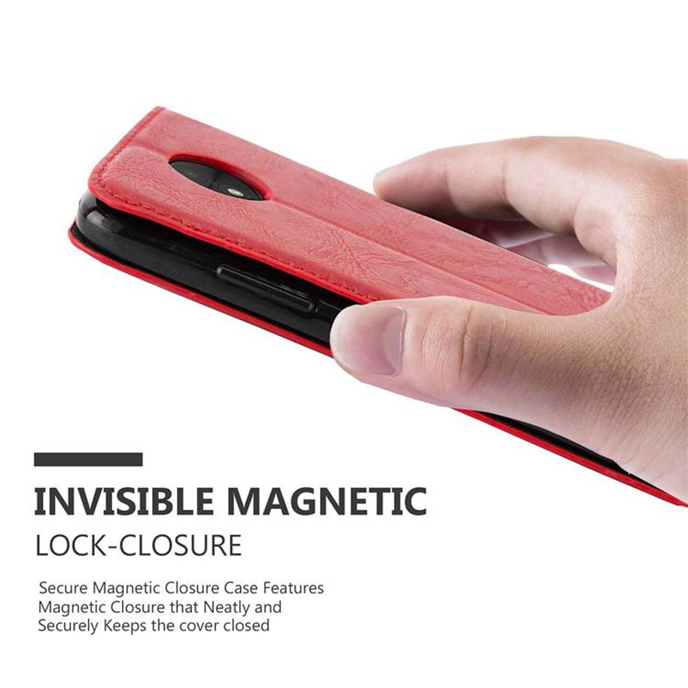 Custodia per telefono rossa, chiusa. La mano tiene chiusa la custodia. Il testo recita 'Invisible Magnetic Lock-Closure'.