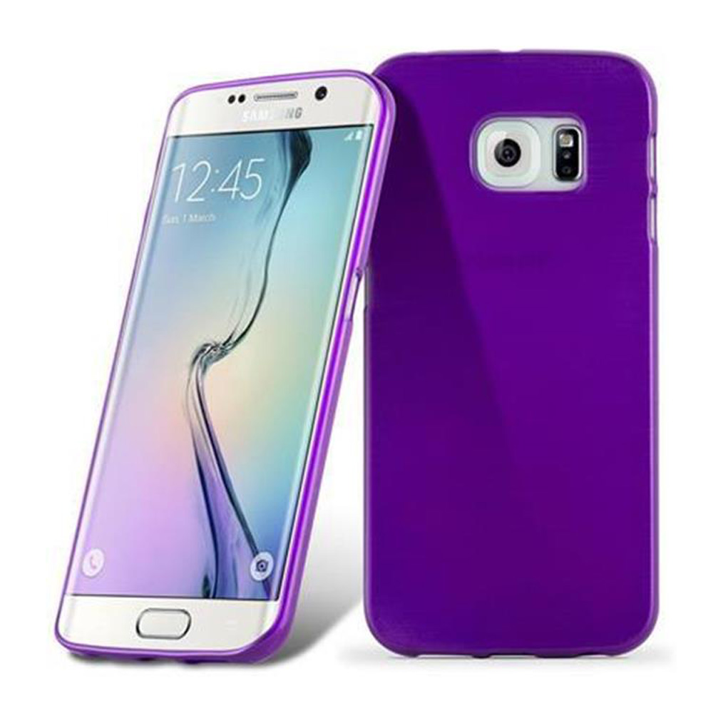 Una custodia per telefono viola e un telefono, che mostra lo schermo e la fotocamera.