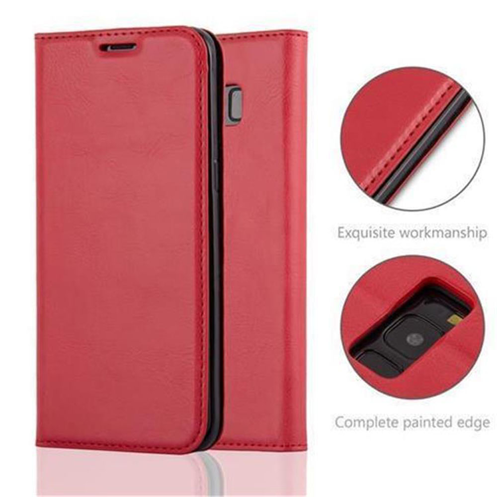 Rote Handyhülle aufgeklappt. Exquisite Verarbeitung und Details mit lackierten Kanten.