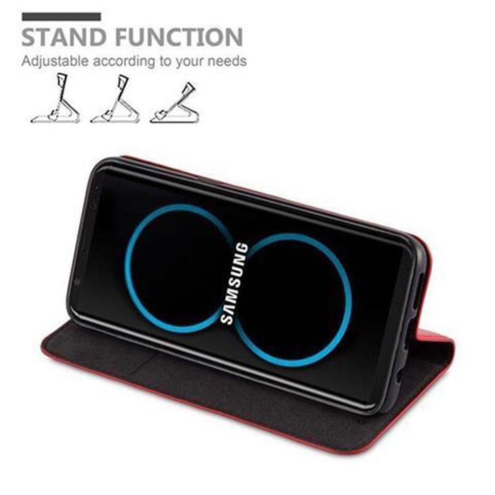 Samsung-Telefon in einer Hülle, der Bildschirm zeigt blaue Kreise. Text: STAND FUNCTION.