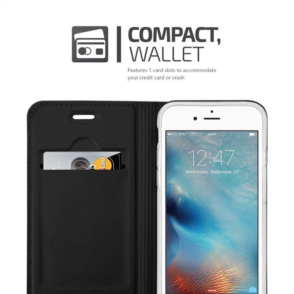 Custodia nera con fessura per carte, con carta di credito e iPhone bianco che mostra l'ora.