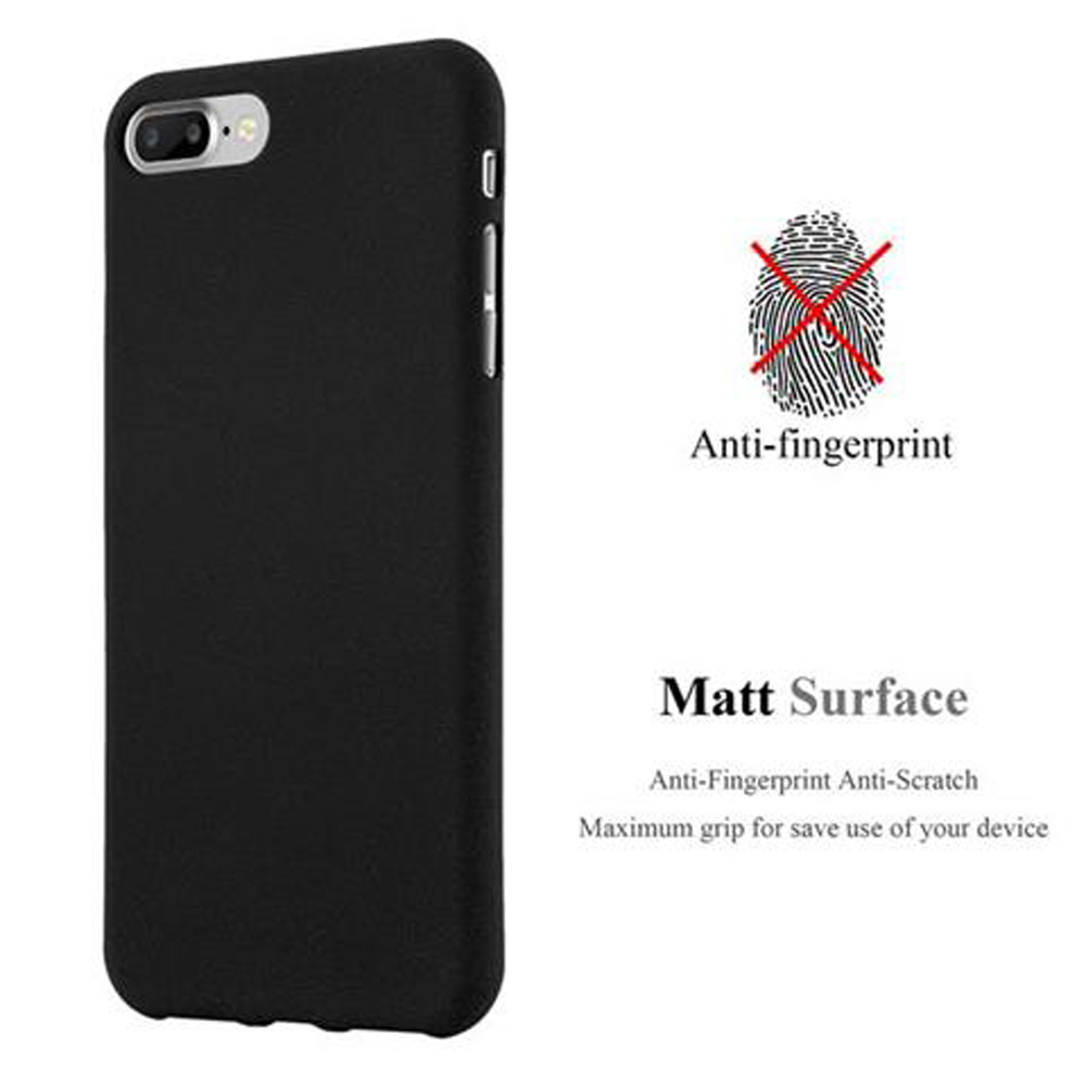 Schwarze Handyhülle mit Fingerabdrucksymbol. Der Text beschreibt Anti-Fingerprint und matte Oberfläche.