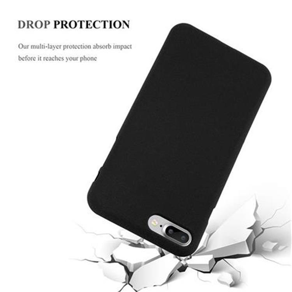 Schwarze Handyhülle mit schwarzem Telefon mit Kamera, auf zerbrochenem Beton. Text: DROP PROTECTION.
